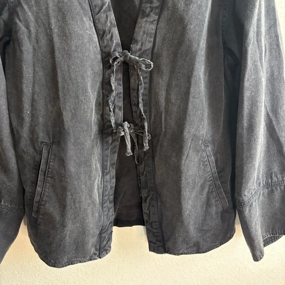 Free People Tie-Front Black Denim Jacket Dragonfly Wide Top XS - Picture 4 of 8